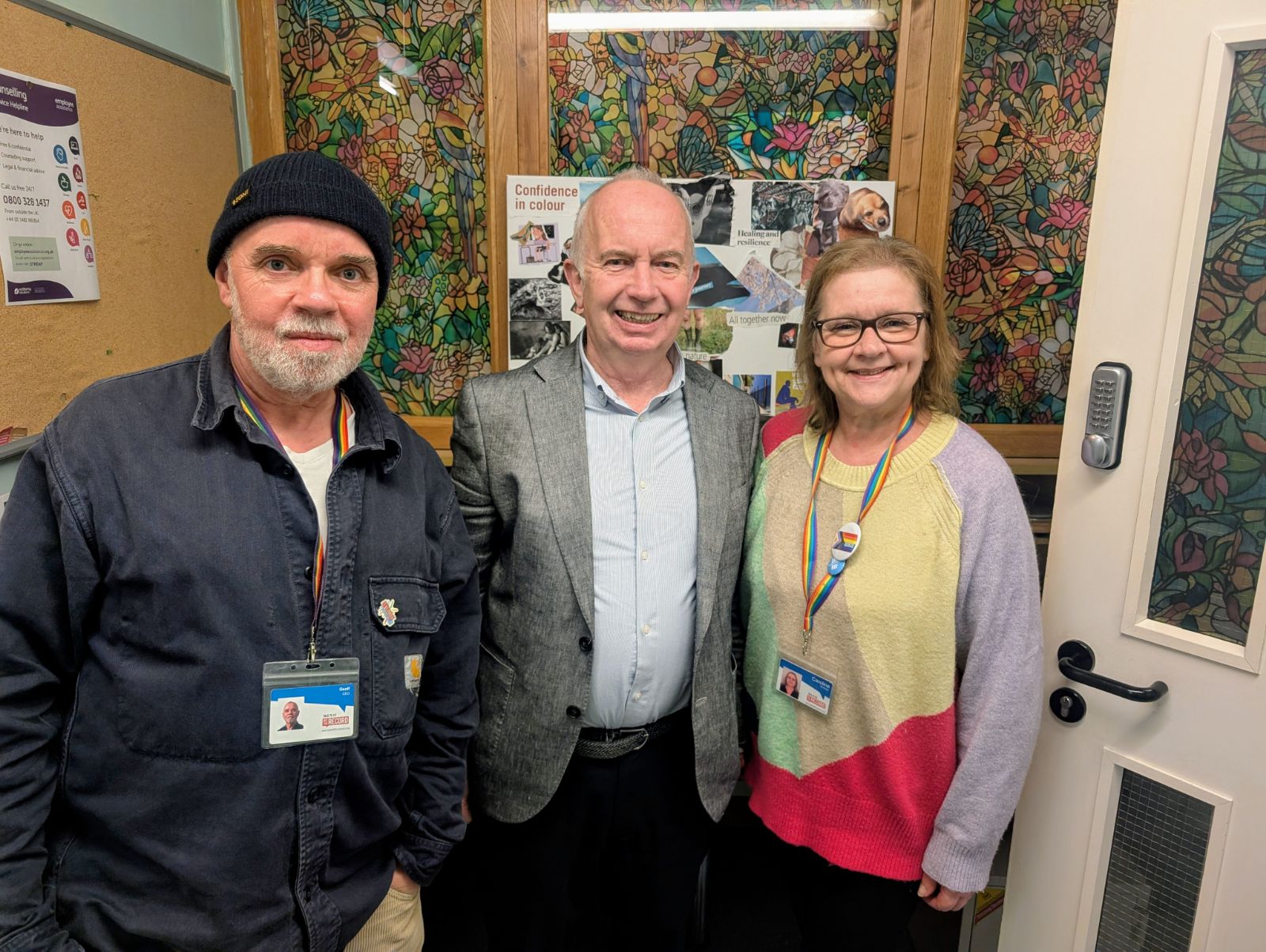 Councillor Barry Lewis, Leader of Sutton Council, with Geoff and Caroline from Off the Record.