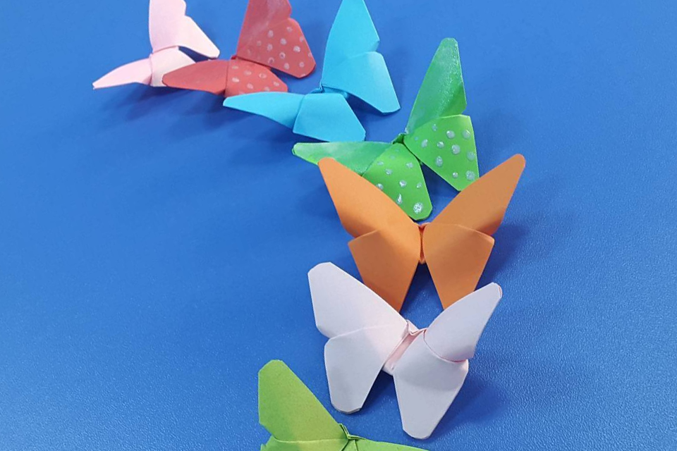 A line of coloured origami butterflies