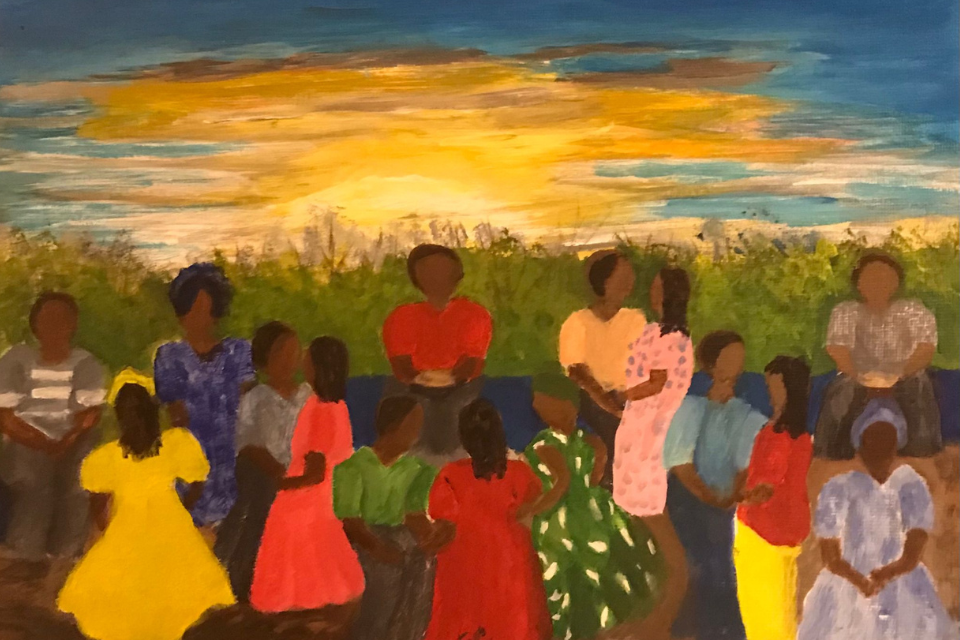 A painting of several people against a sunset in a grassy field