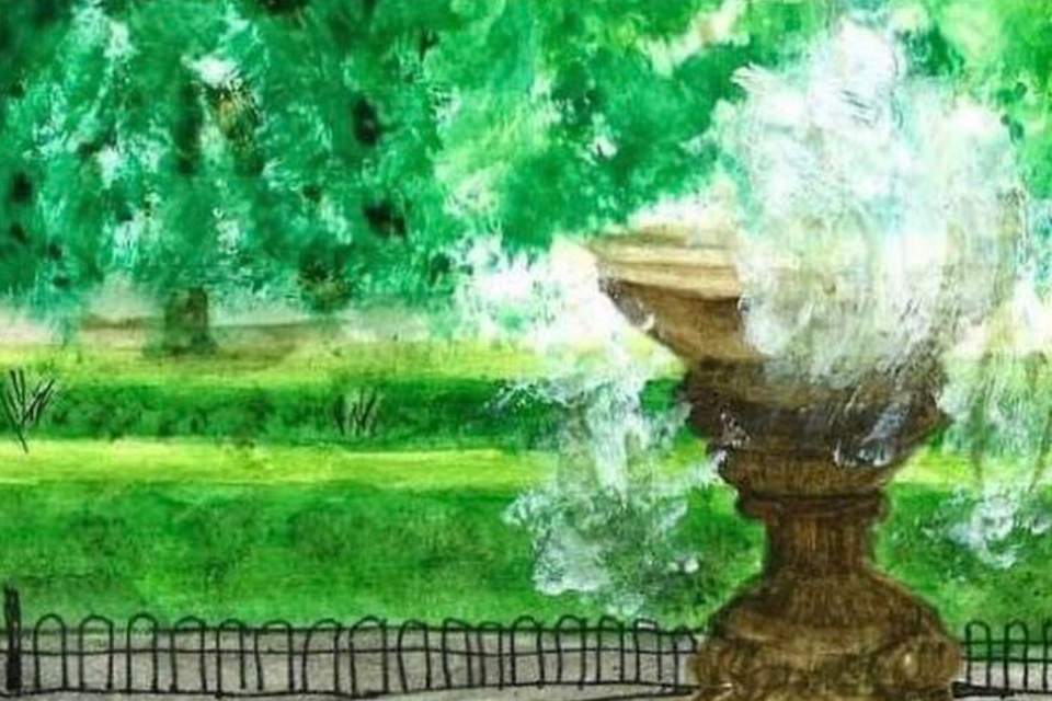 Painting of a water fountain surrounded by shrubbery