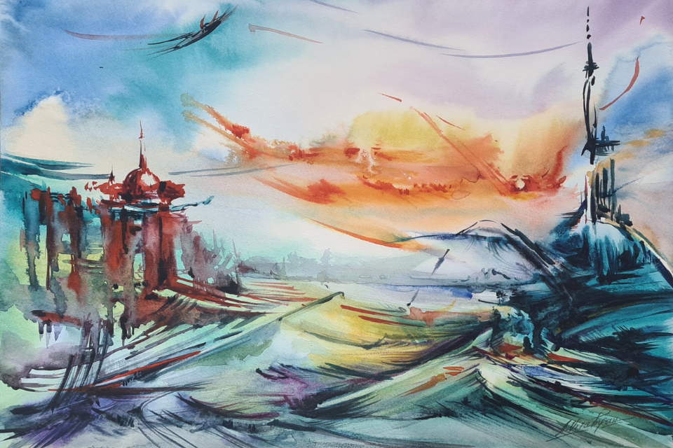 a painting resembling two towering structures standing within crashing waves that also resemble mountains