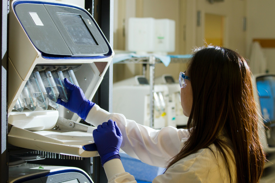 Female scientist examining lab equipment