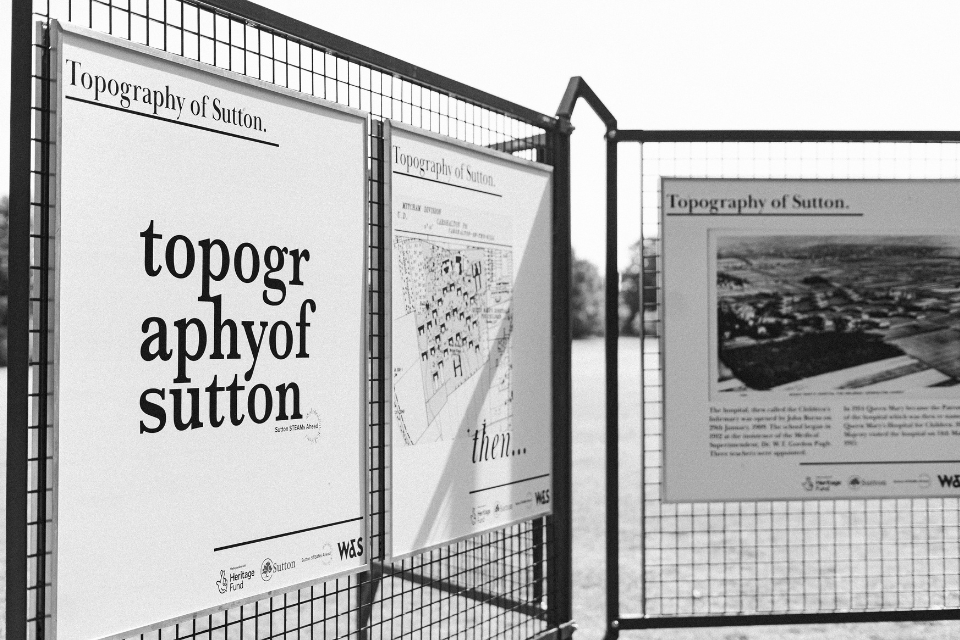 A standing placard showing the Topography of Sutton display board