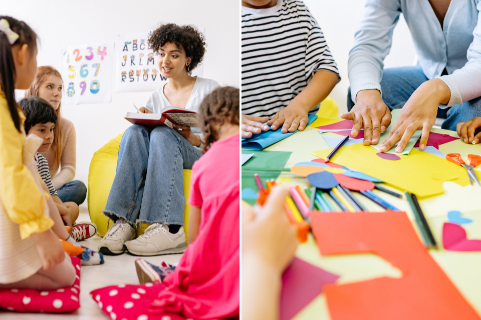 A female adult reading to a group of small children and a small group preparing to partake in arts and crafts with several pens and paper laid out on a table