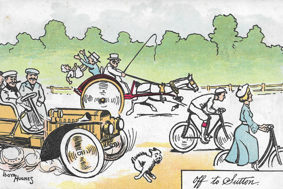 Illustration of a race between two people on bicycles, a car, a dog and a horse and carriage
