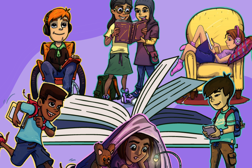Illustrations of children reading books