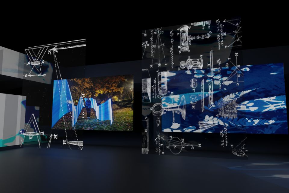 Holographic projections of various schematic designs and artistic blue textures