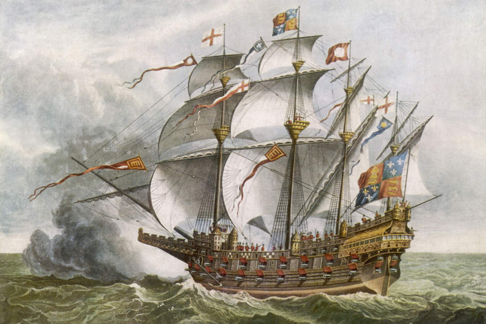 A painting of a ship on the sea similar to a pirate ship
