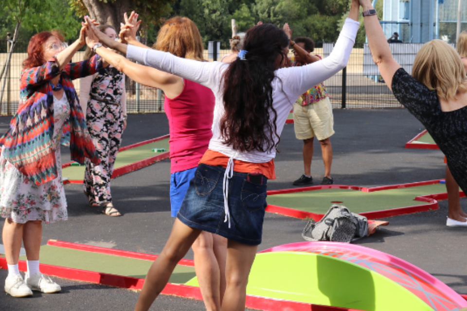 People dancing in a public space